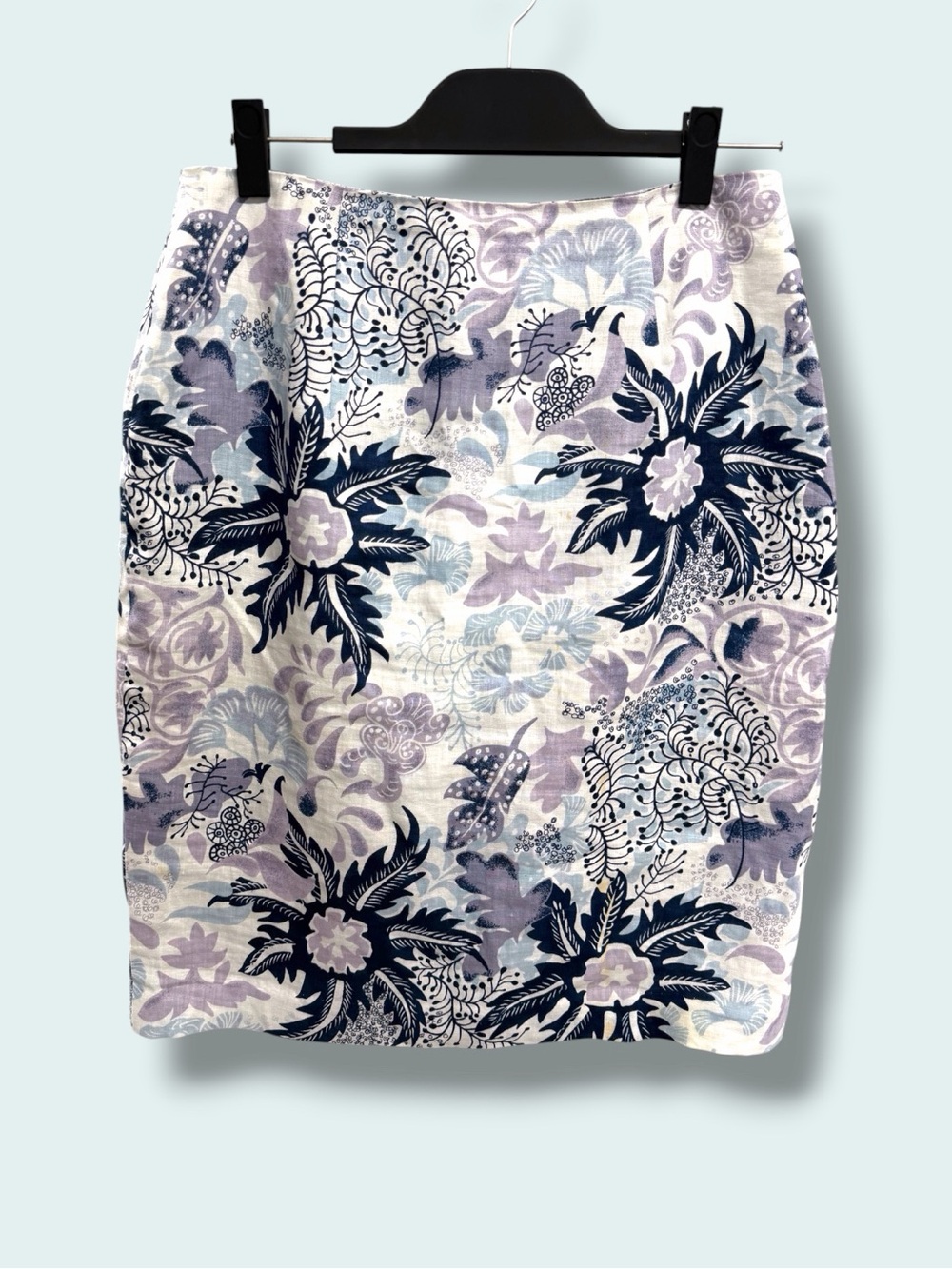 Linen Pencil Skirt‎ Vintage Silk Club Knee Length Floral Botanical Navy Purple 8